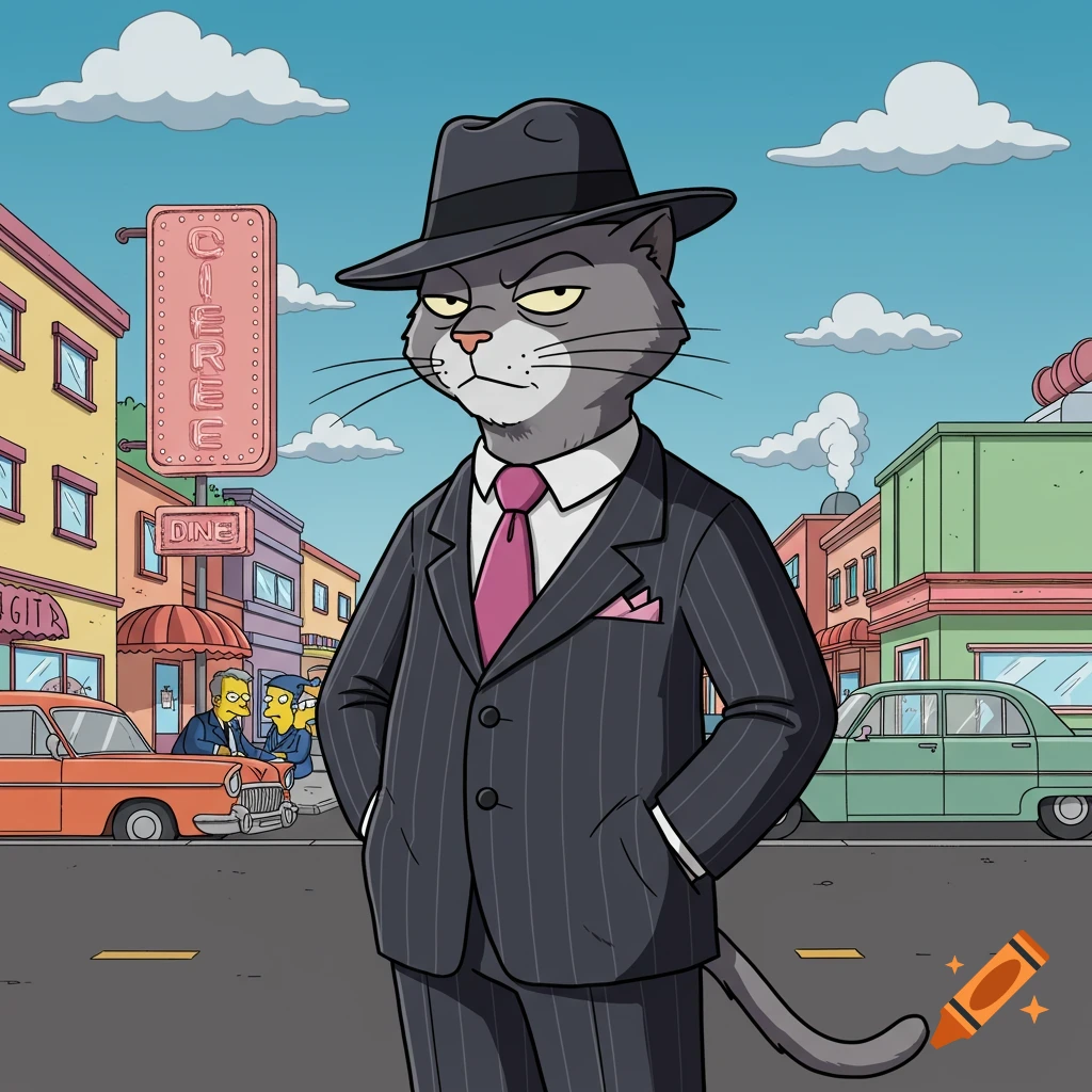 A grumpy, grey mobster cat in a pinstripe suit and fedora stands in a Simpsons-style city street.