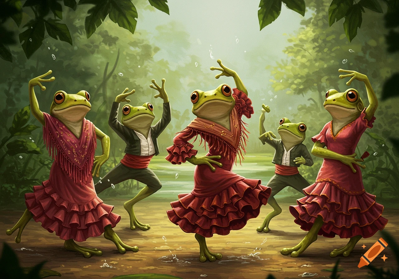 Five anthropomorphic frogs in detailed red and black flamenco outfits dance joyfully in a lush, green jungle environment.