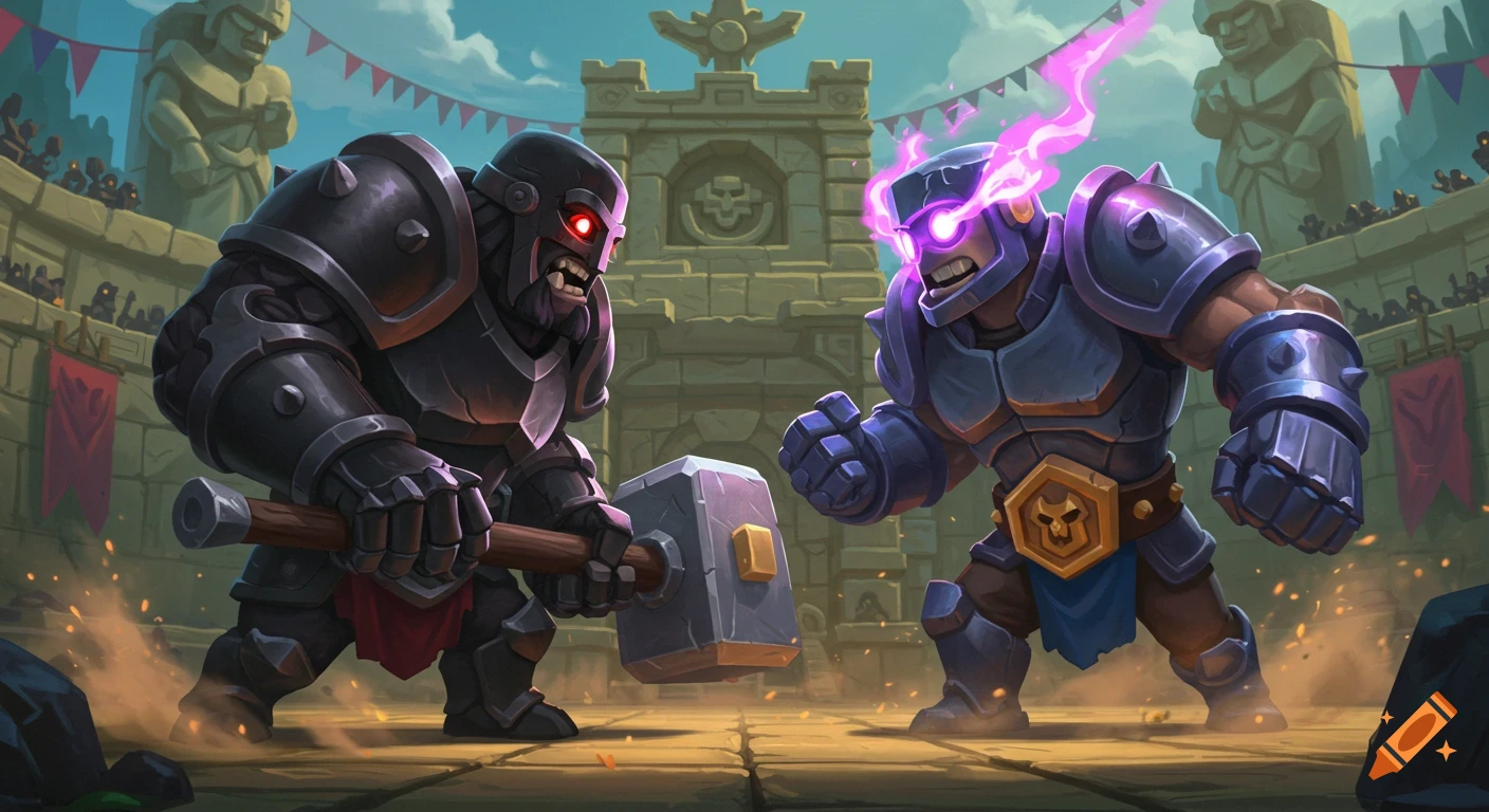 Two armored fantasy warriors, one dark holding a hammer and one purple with glowing eyes, confront each other in a stone arena.