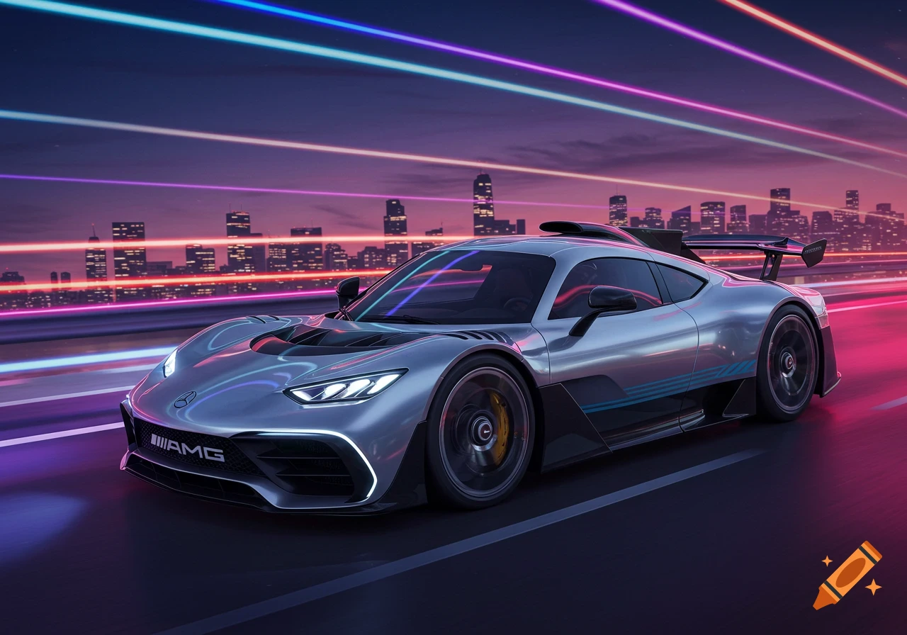 Silver Mercedes AMG One supercar speeds on a road under a purple and orange sky with neon light trails and a futuristic cityscape.
