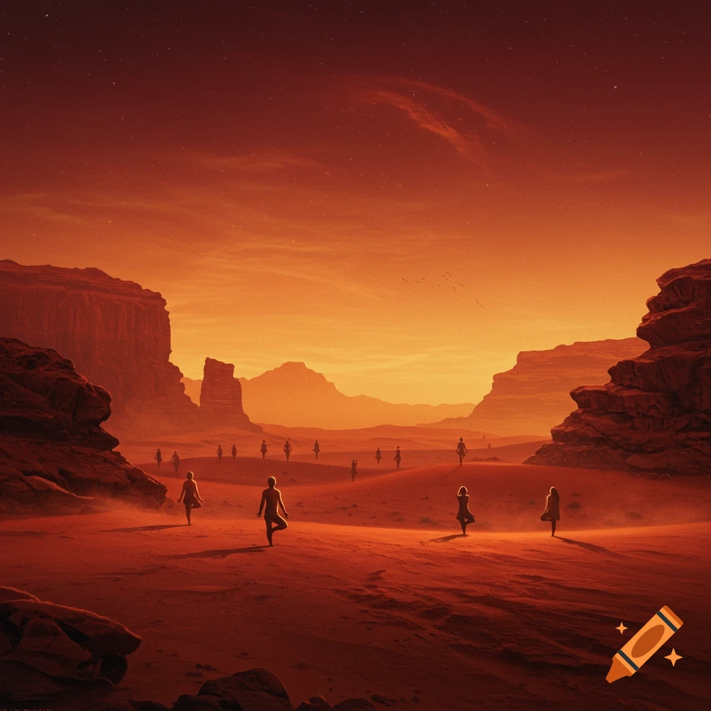 Numerous yogis walk and pose across a vast, red-orange desert landscape resembling Mars, under a starry, orange sky.
