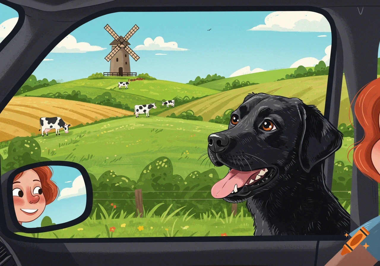 A cartoony black lab looks out a car window at a green landscape with a windmill, cows, and a woman driver visible.