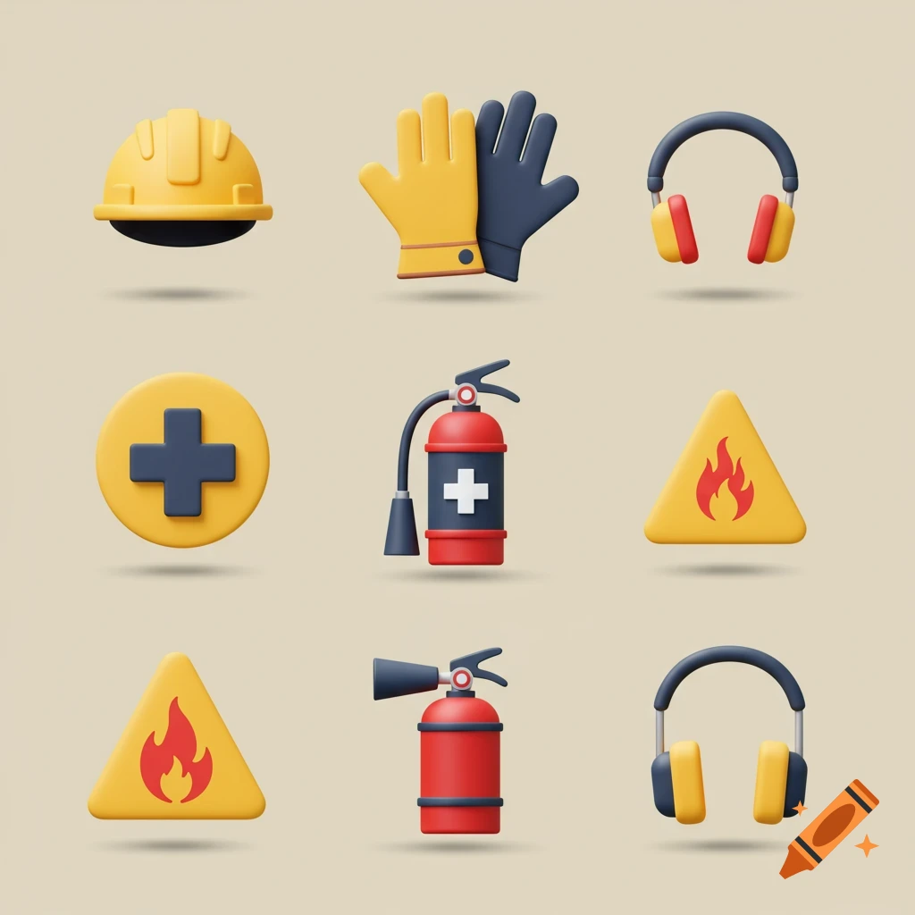 A grid of nine 3D illustrated occupational safety icons, including a hard hat, gloves, earmuffs, first aid cross, fire extinguishers, and flame warning signs.