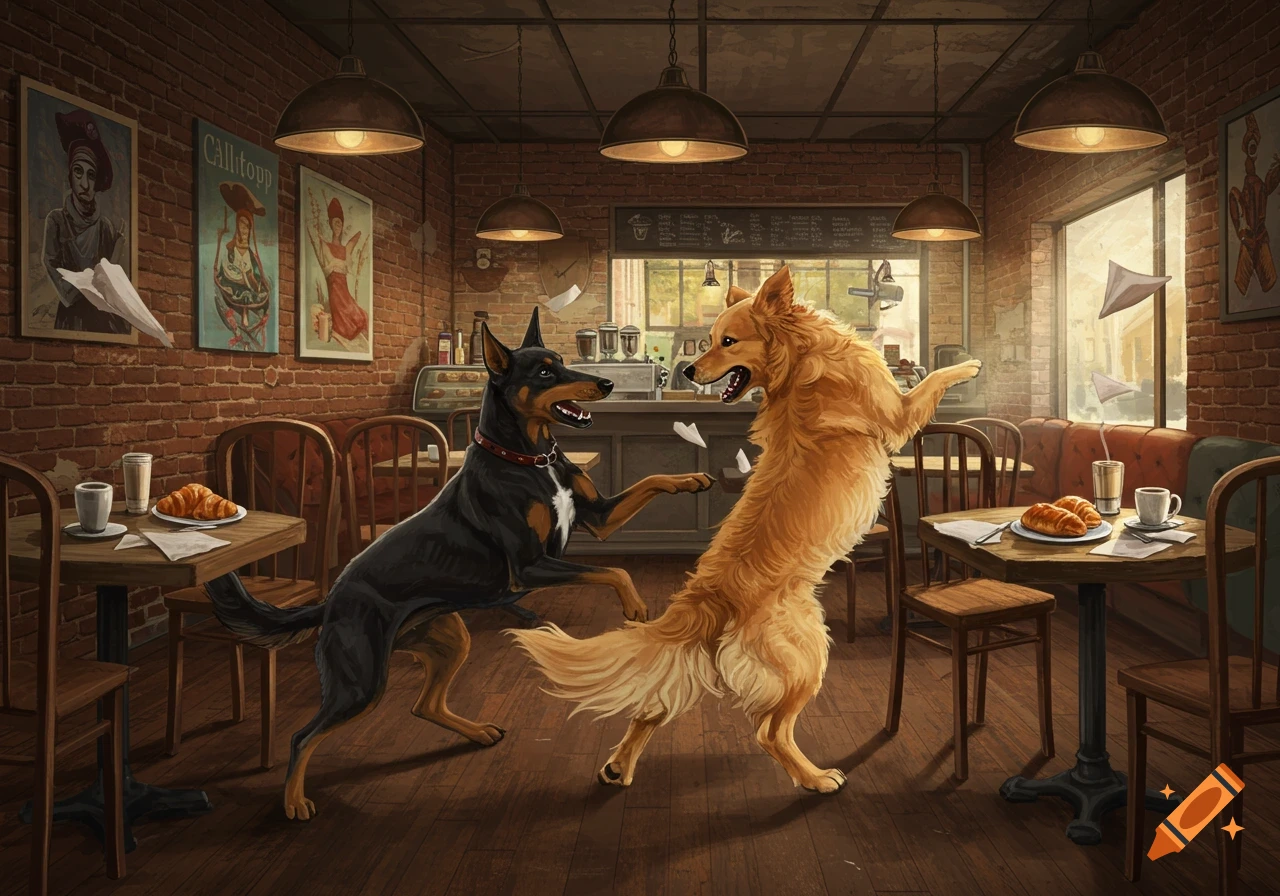 A black Doberman and a golden dog playfully wrestle in a rustic cafe, scattering papers and bumping coffee tables.