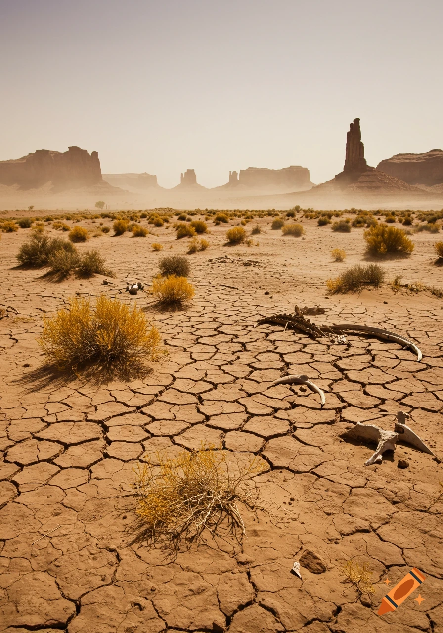 A photorealistic arid desert landscape with cracked earth, dry bushes, animal bones, and distant mesas.