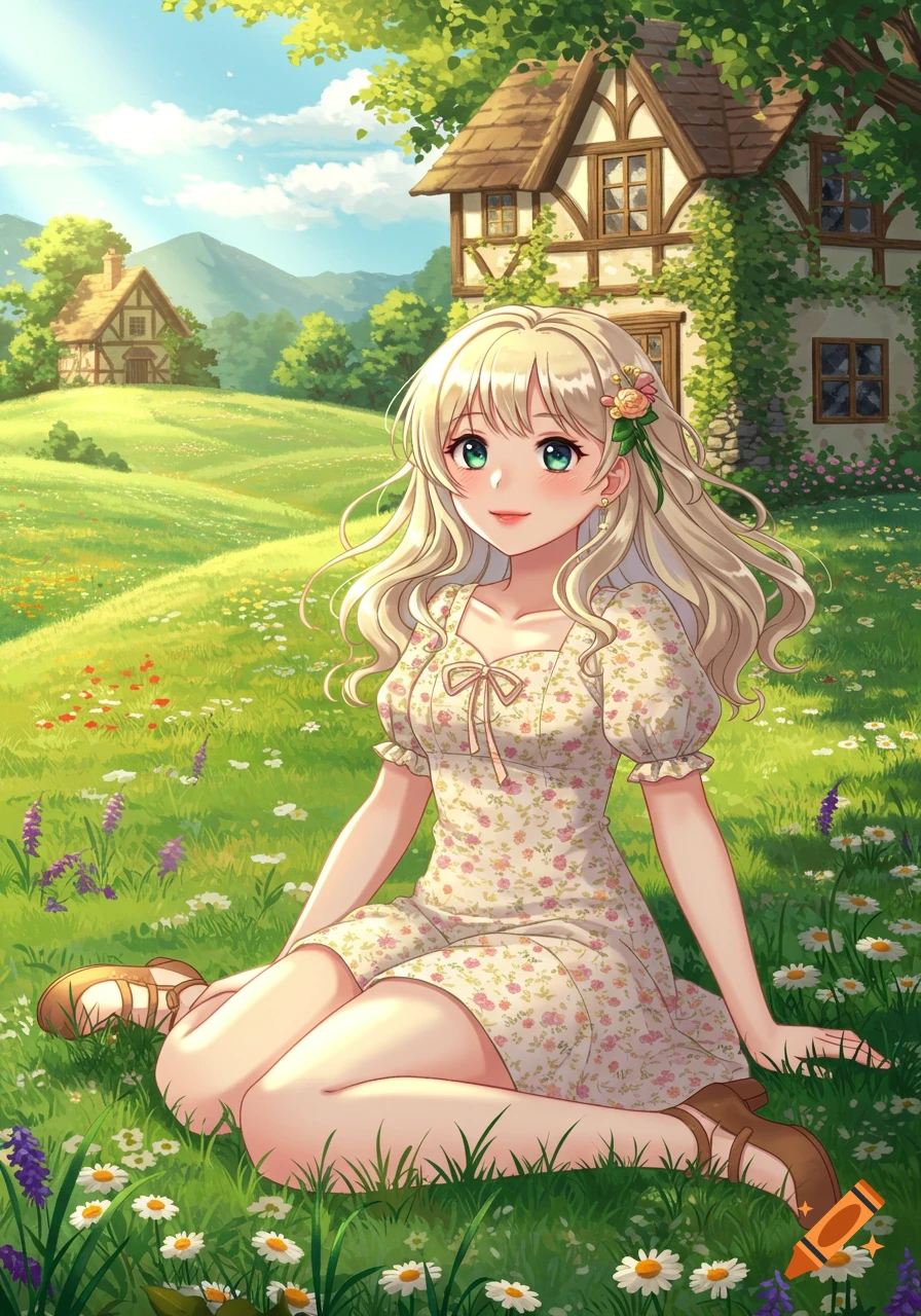An anime girl with long blonde hair and green eyes sits in a grassy field with wildflowers, wearing a floral mini dress. Country cottages are in the sunny background.