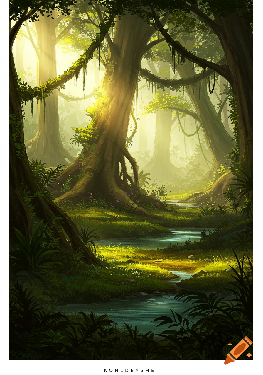 A vibrant, stylized illustration of a deep jungle with lush green foliage, a winding stream, and bright sun rays shining through tall trees.