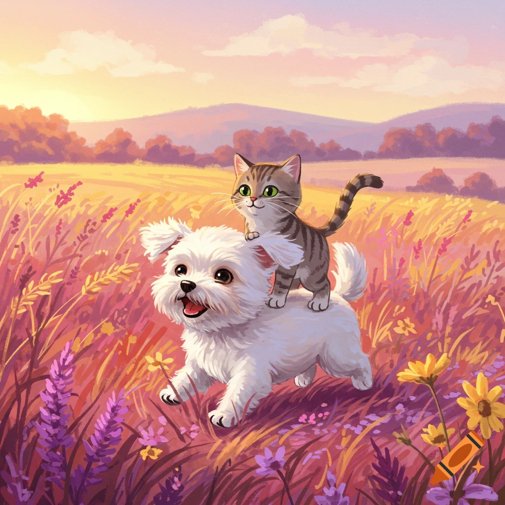 A cute white dog carries a tabby cat on its back through a vibrant field of colorful flowers at sunset, in an illustration style.