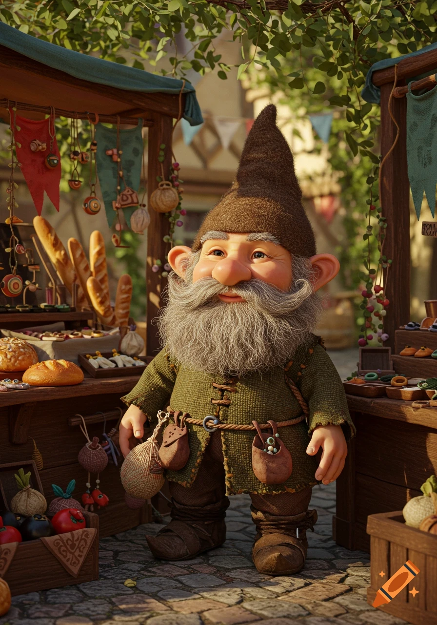 A cheerful, bearded gnome merchant with a pointy hat stands at a market stall filled with various goods. Photorealistic style.