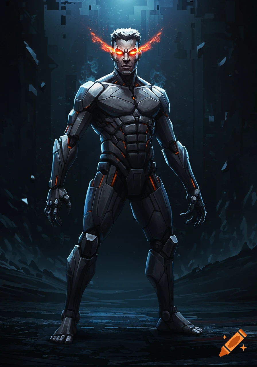 A powerful, armored man with glowing orange eyes and fiery energy stands in a dark, stylized sci-fi environment.