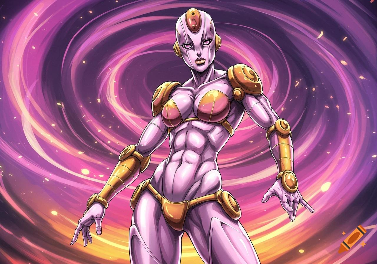Muscular female humanoid Stand with pink skin and gold armor in a bikini, against a swirling purple and pink cosmic background, anime style.