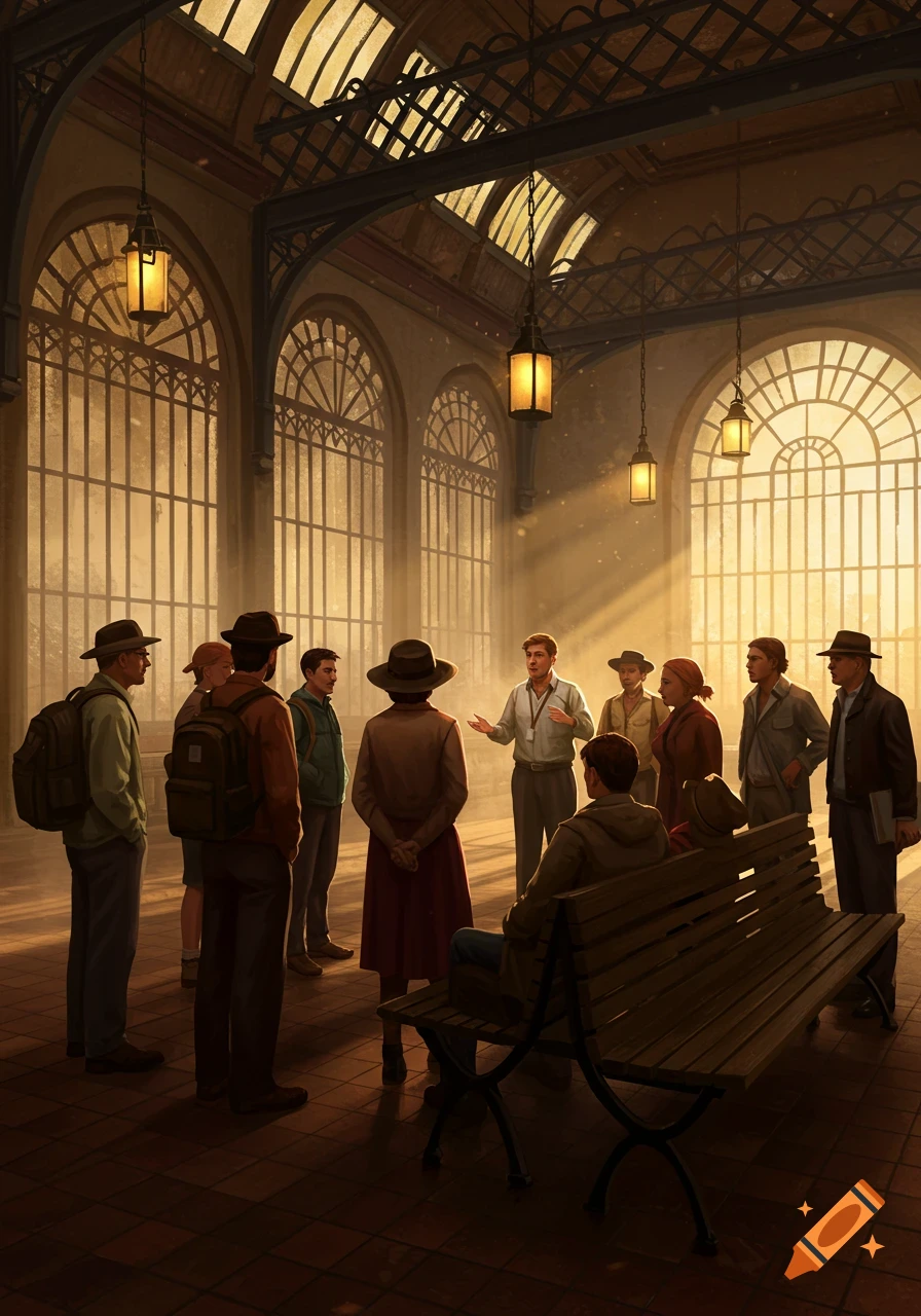 A group of travelers listens to a guide in a sunlit, old train station, rendered in a warm digital painting style.