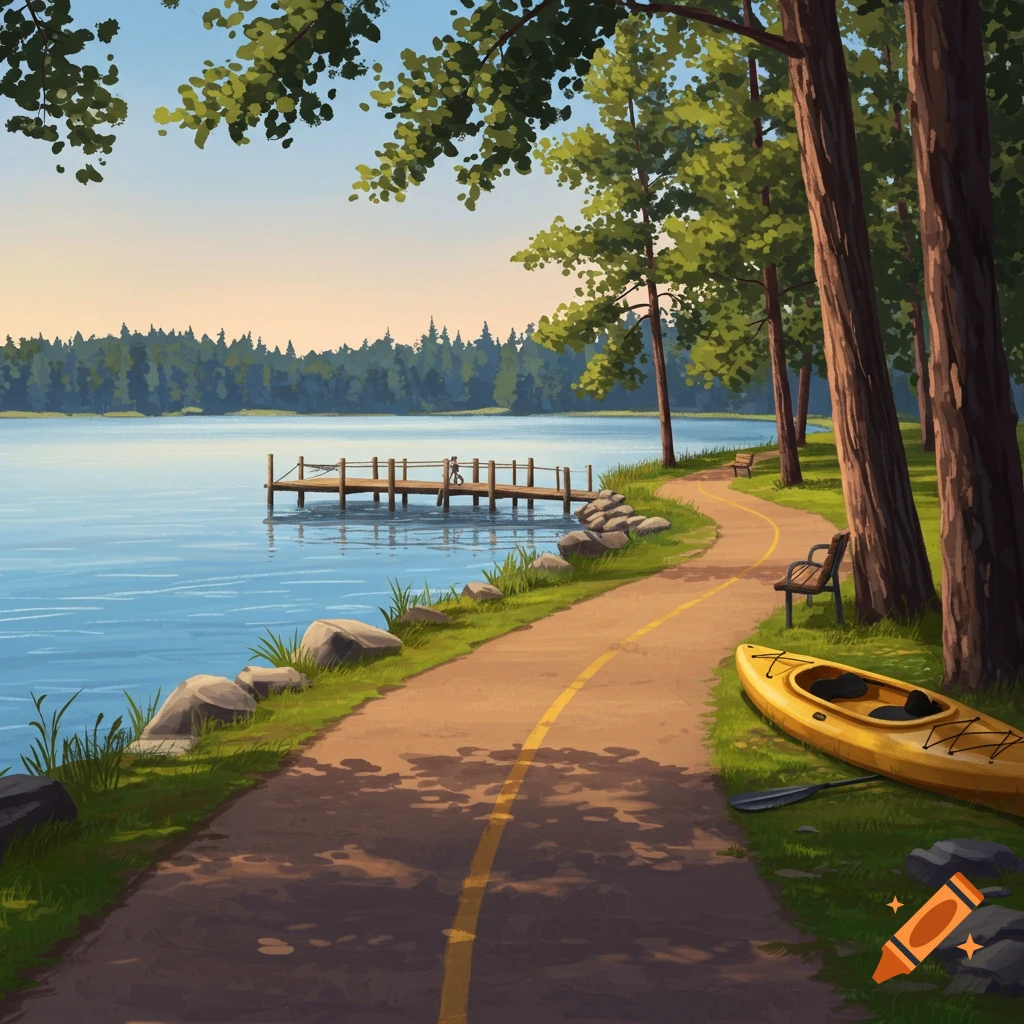 An illustrated view of a sunny lakeside park with a winding path, a wooden dock, and a yellow kayak on the grass.