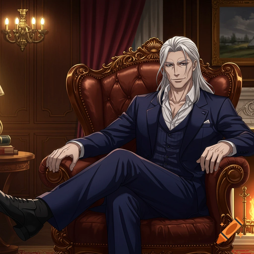 Anime man with long white hair in a suit, seated in a luxurious armchair in an ornate room with a fireplace.