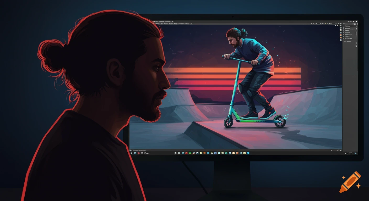 Stylized illustration of a man's profile looking at a monitor displaying a retro-futuristic scooter rider in a skatepark.