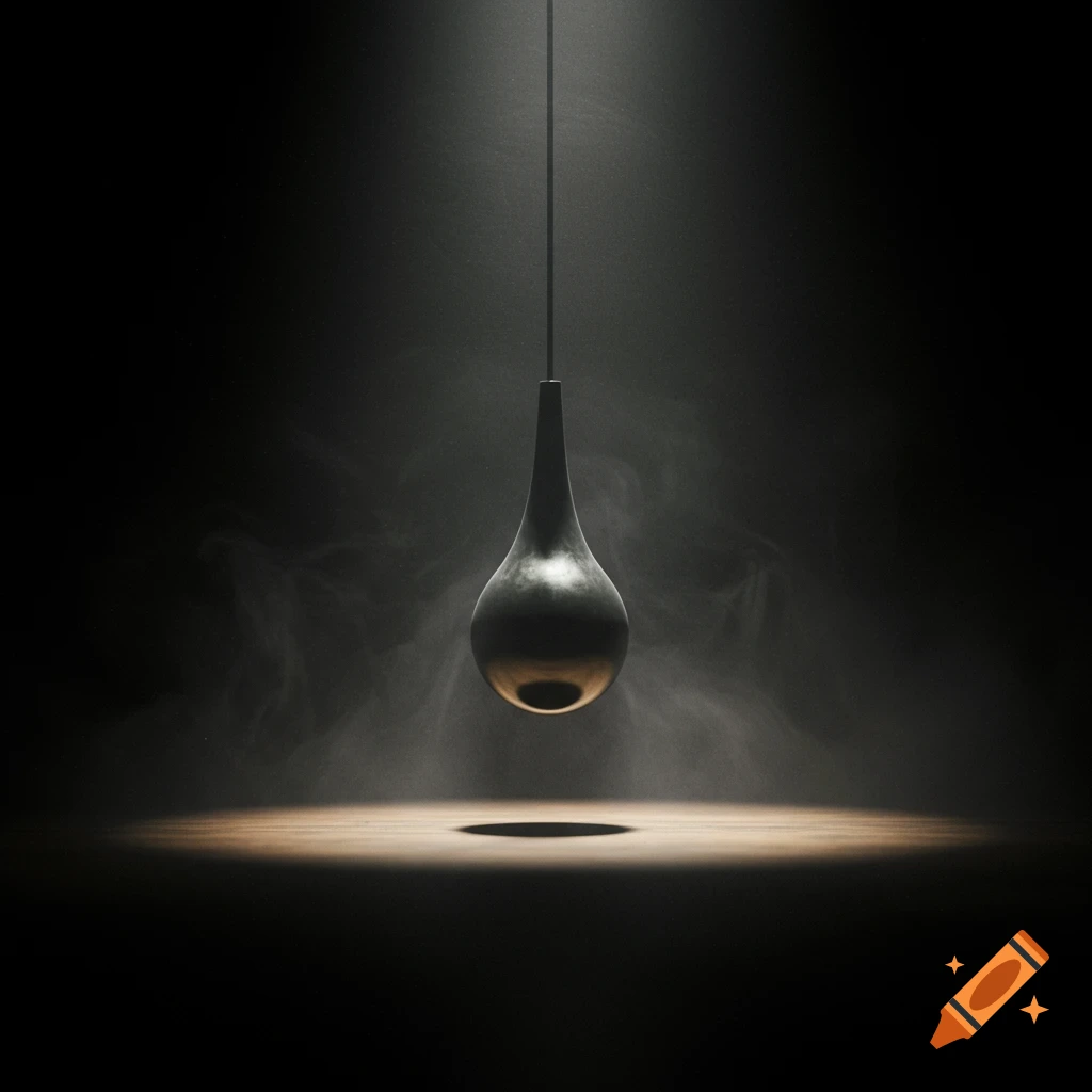 A dark, metallic teardrop-shaped pendulum hangs in a spotlight over a smoky wooden floor, creating a mysterious atmosphere.