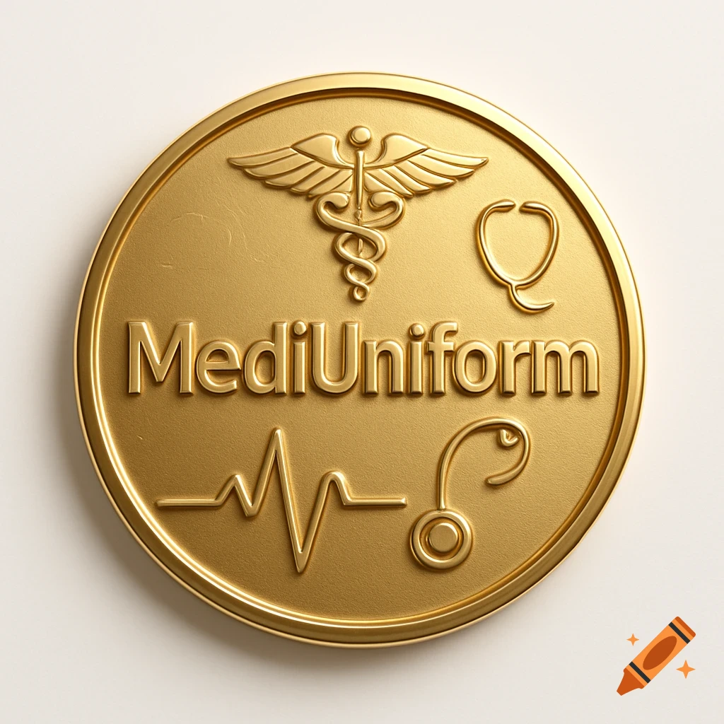 A luxurious, polished gold circular badge with the embossed text 'MediUniform' and medical symbols like a caduceus and stethoscope.