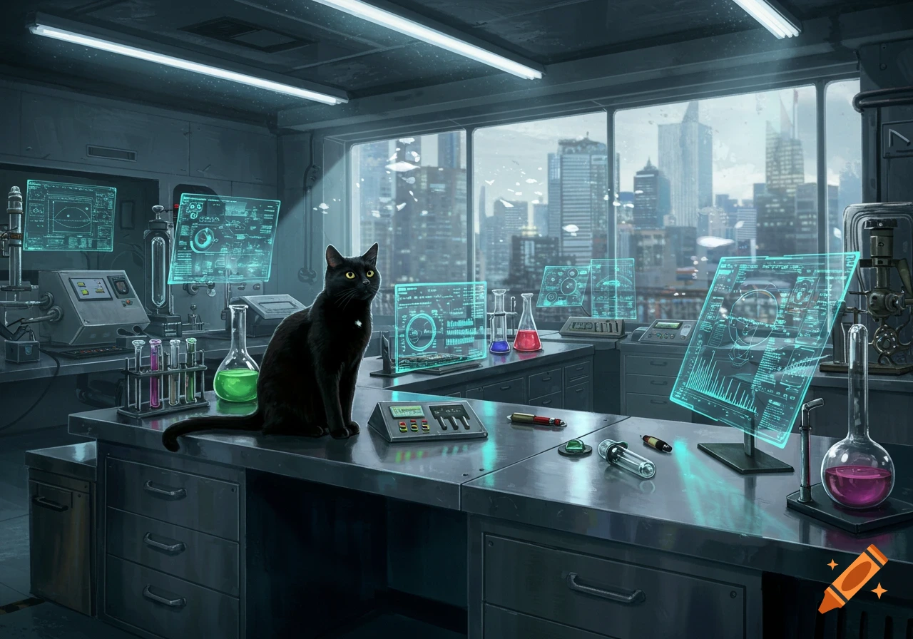 A black cat sits on a metal counter in a futuristic lab with glowing screens, beakers, and a cityscape view.