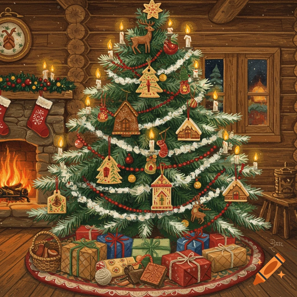 Folk art illustration of a decorated Christmas tree in a cozy log cabin room, with a fireplace and presents.