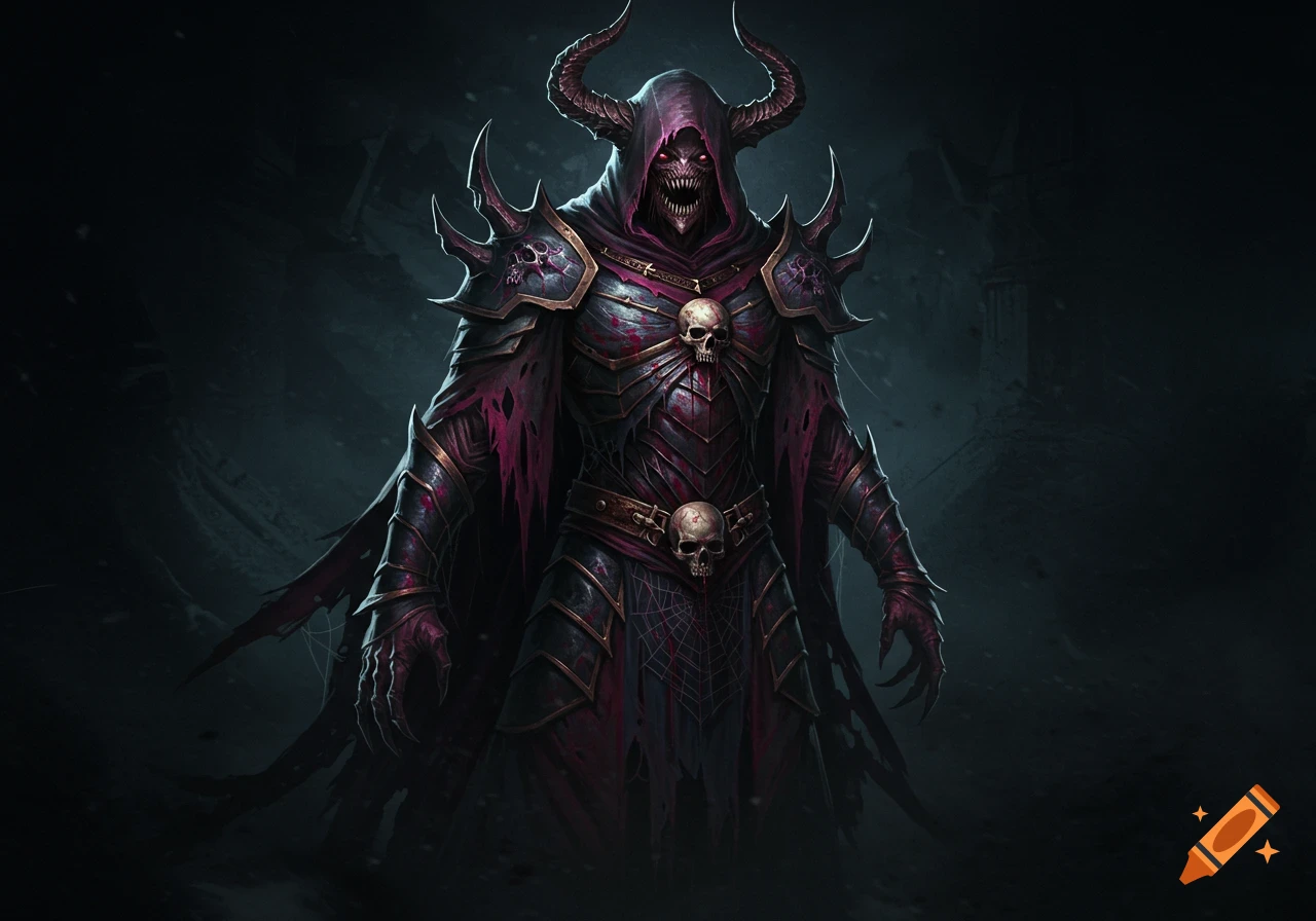 A dark fantasy illustration of a horned, hooded demon with sharp teeth, glowing red eyes, skulls, and a tattered cape, standing in a creepy, dark atmosphere.