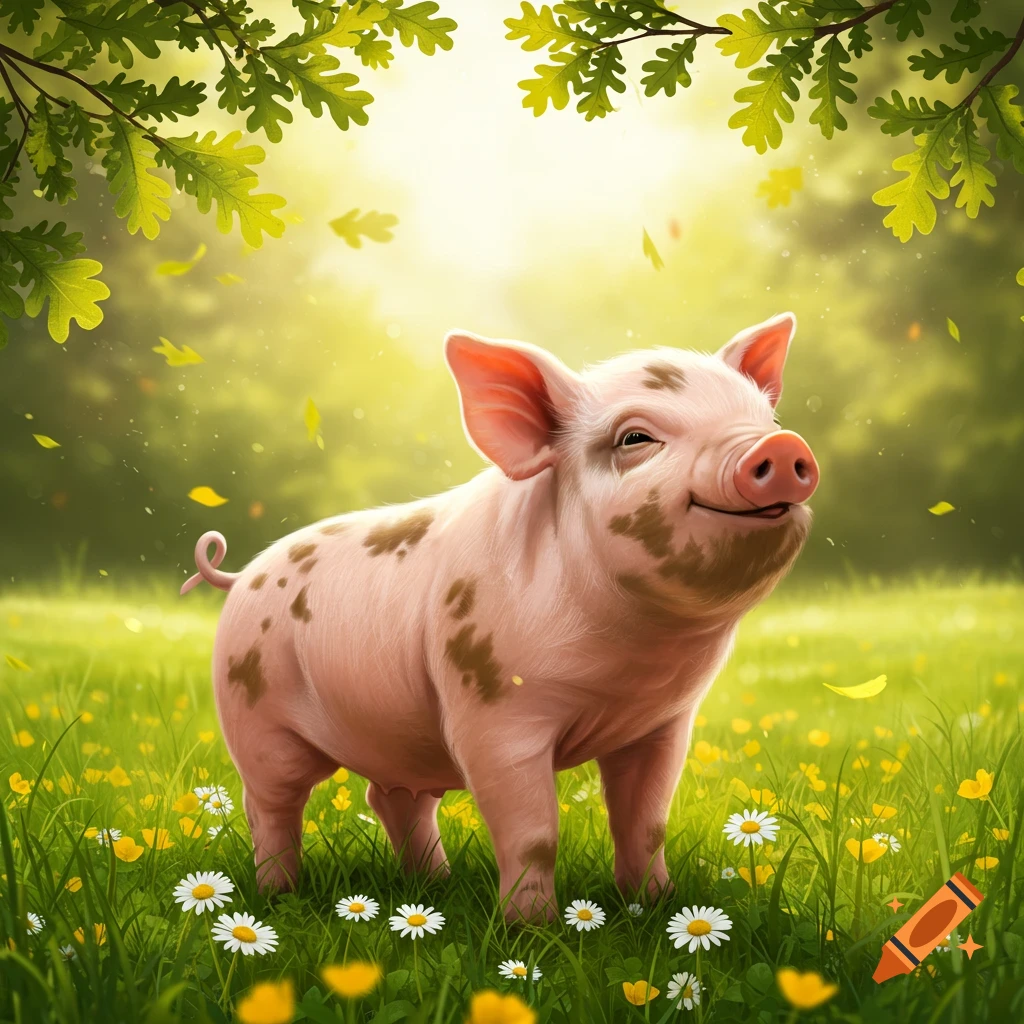 A happy piglet with brown spots stands in a sunny field of green grass, white daisies, and yellow flowers, with oak leaves above.