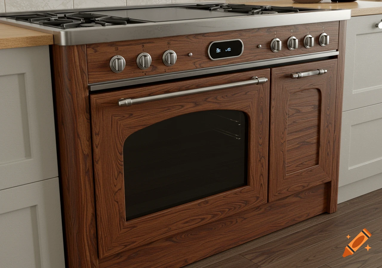 A modern oven with a rich wood paneled facade and stainless steel cooktop, integrated into a kitchen counter.