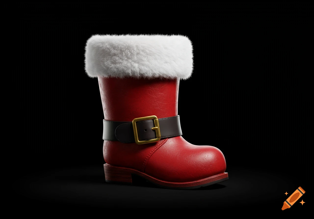 A detailed illustration of a single red Santa Claus boot with white fur trim and a gold-buckled black belt on a black background.
