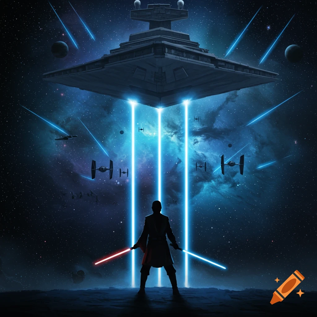 A lone figure with red and blue lightsabers stands before a massive Star Destroyer in a starry nebula with TIE fighters and laser beams.
