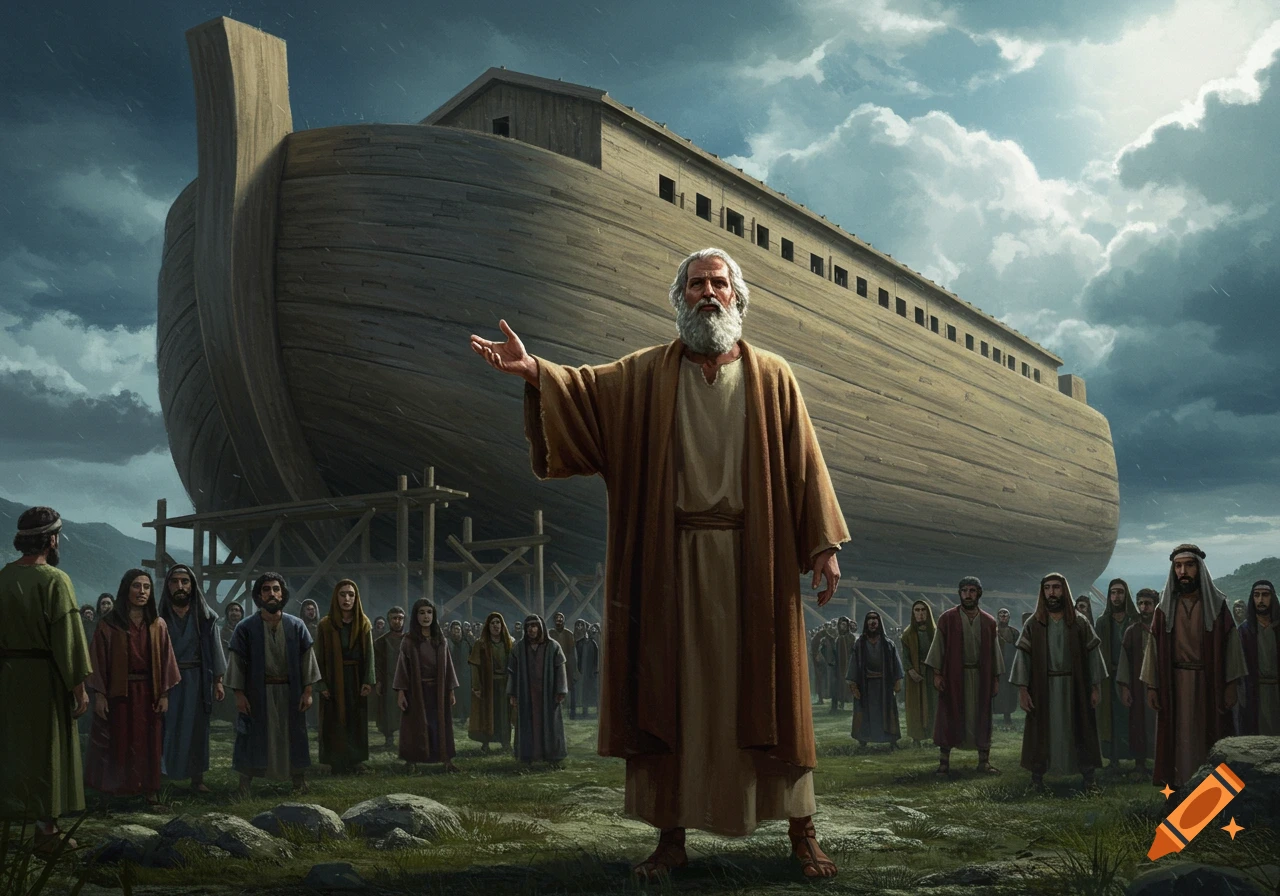 A bearded man, Noah, in robes preaches to a crowd before a giant wooden ark under a dramatic, cloudy sky. Detailed illustration.