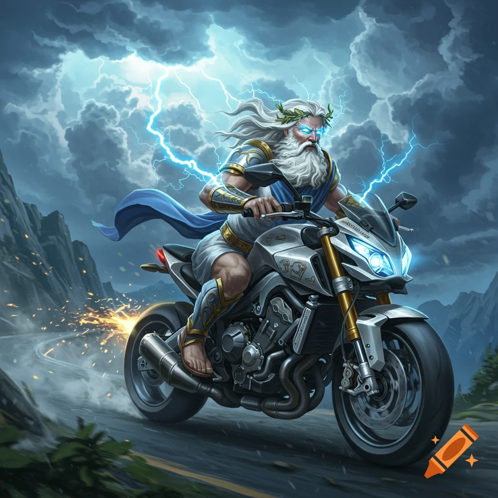 Zeus on a motorcycle, with a white beard and lightning, rides through a stormy mountain landscape.