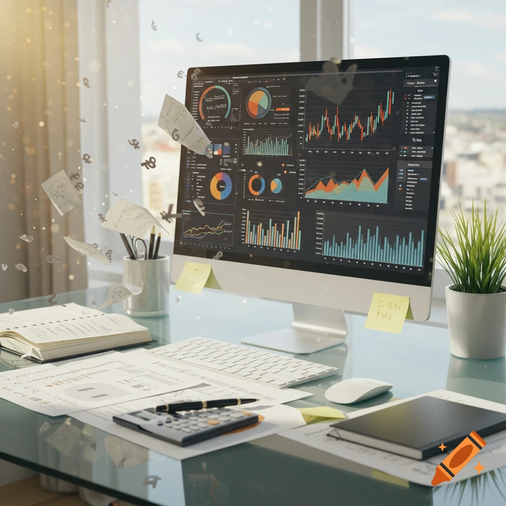 A tidy office desk with a computer displaying colorful data charts, floating papers and numbers, a calculator, and office supplies.