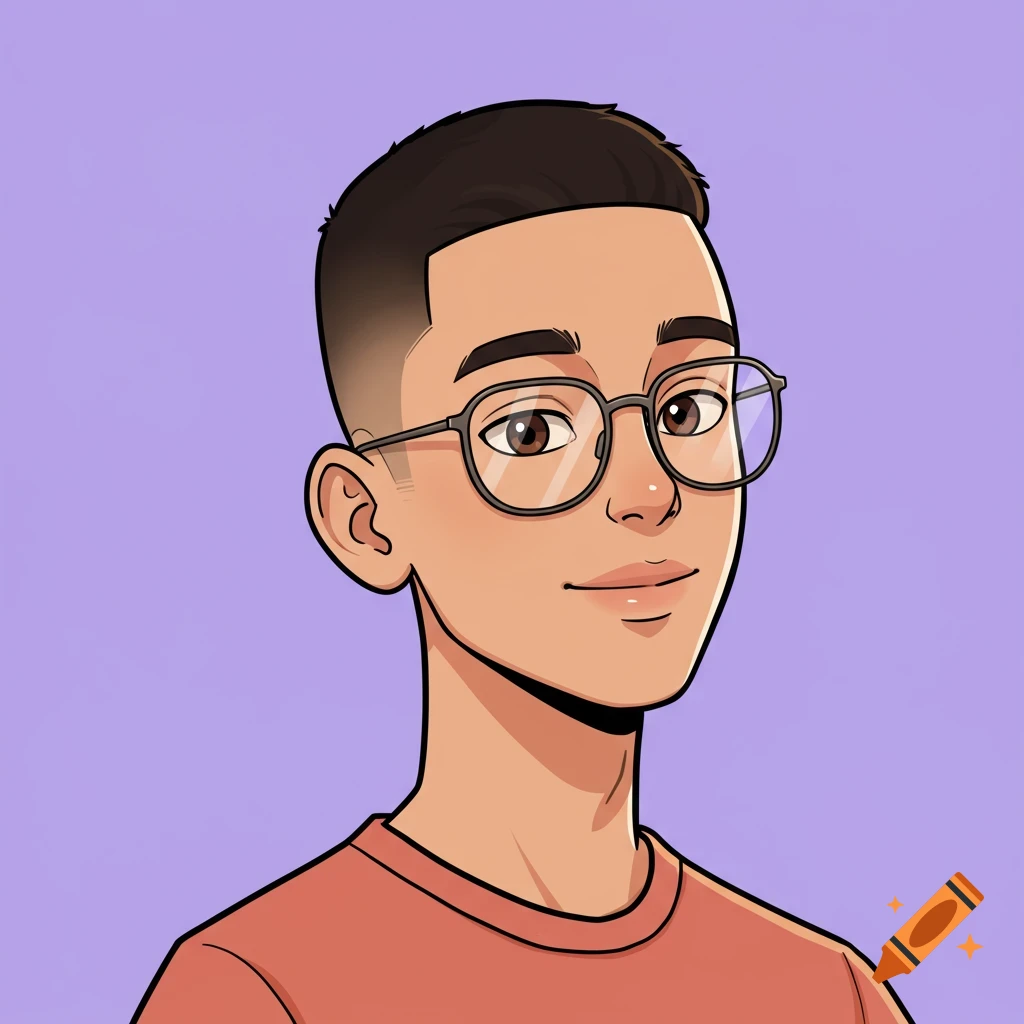 Cartoon portrait of a young man with a low fade haircut, brown eyes, and round glasses, wearing a t-shirt against a lilac background.