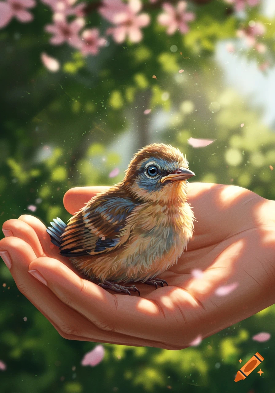 A fluffy brown and blue bird rests in a human hand, with a soft background of pink flowers and green leaves.