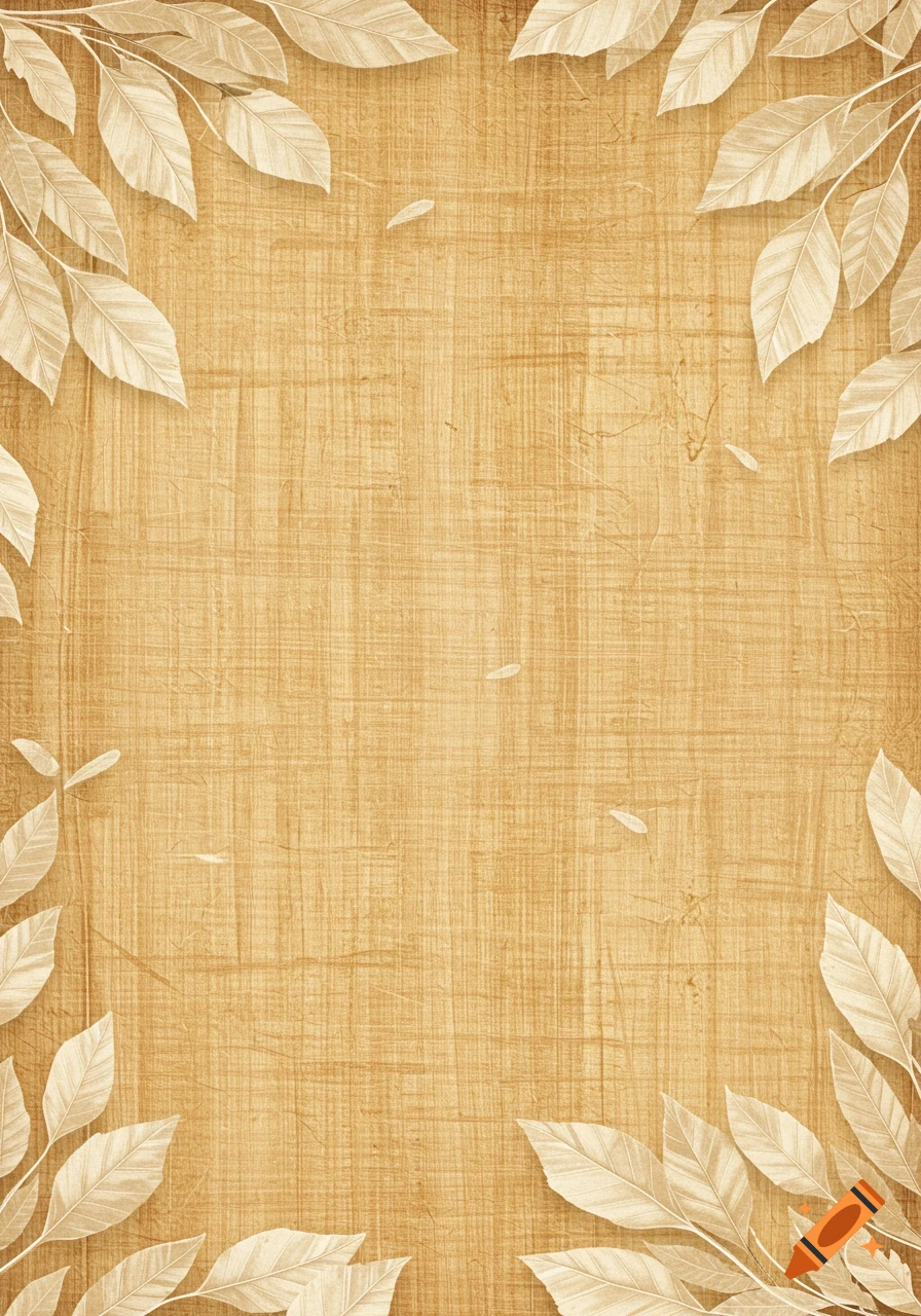 A textured papyrus background framed by light beige leaves.
