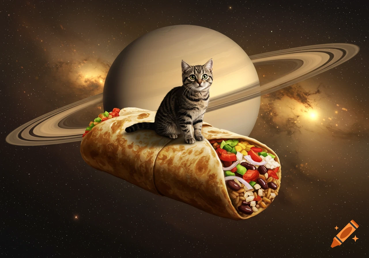 A tabby cat sits atop a giant burrito floating in space, with Saturn and a distant galaxy visible in the background.
