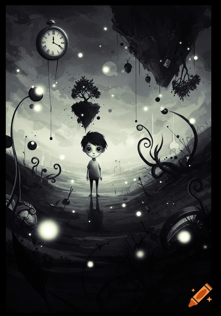 A stylized dark fantasy illustration of a small boy standing in a gloomy landscape with floating islands, glowing orbs, and a large hanging clock.