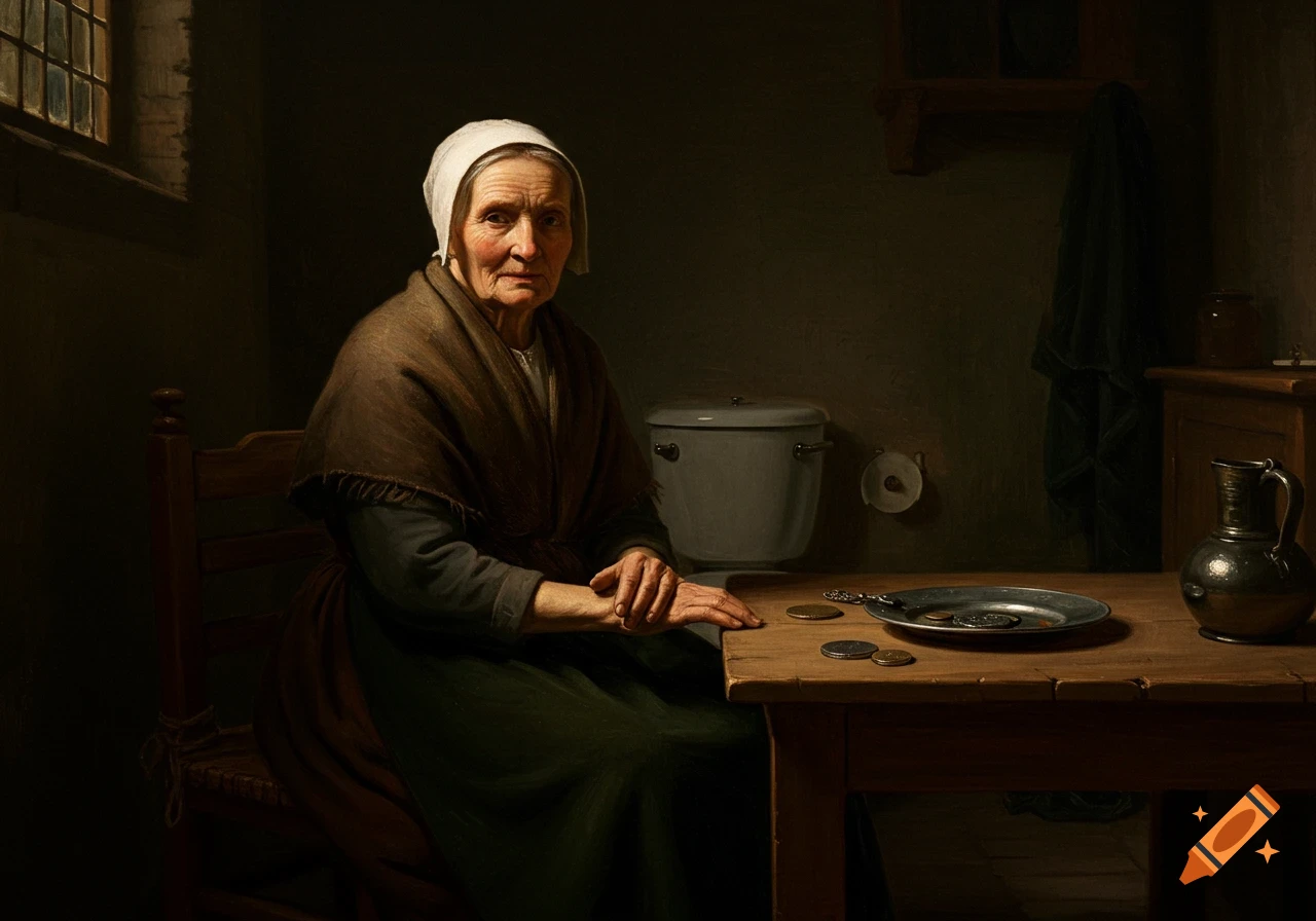 An old woman in a bonnet and shawl sits at a wooden table with coins, a plate, and a pitcher, next to a toilet, in a dark Rembrandt-style painting.