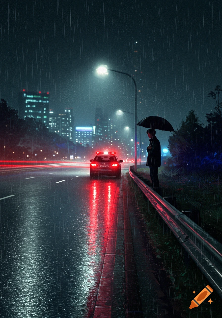 A man with an umbrella stands by a police car on a wet city highway at night, reflecting city lights and rain.