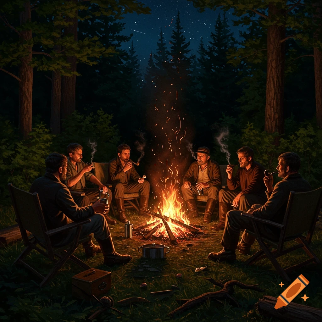 Men gather around a crackling campfire in a dark forest clearing at night, smoking pipes under a starry sky.