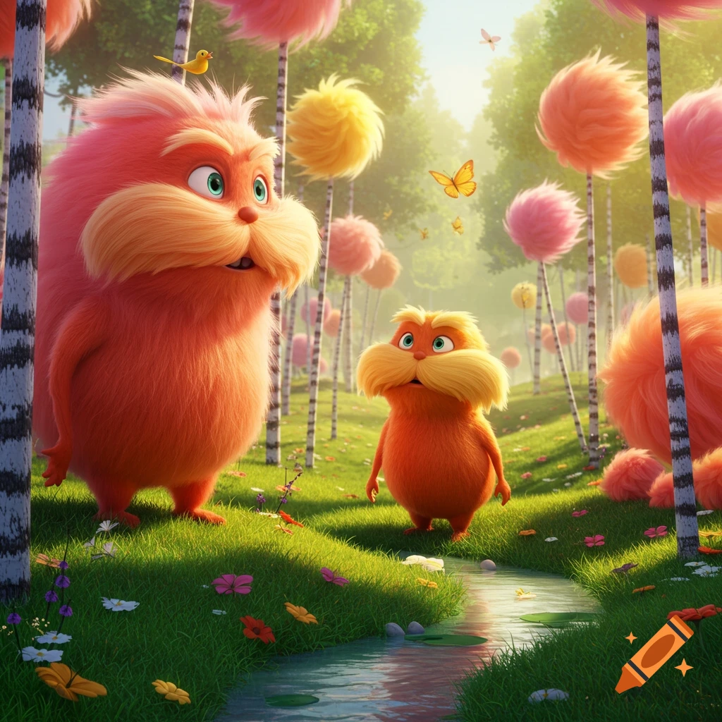 Two orange, furry, mustachioed creatures resembling the Lorax stand in a vibrant, whimsical forest with fluffy trees, a stream, and butterflies.