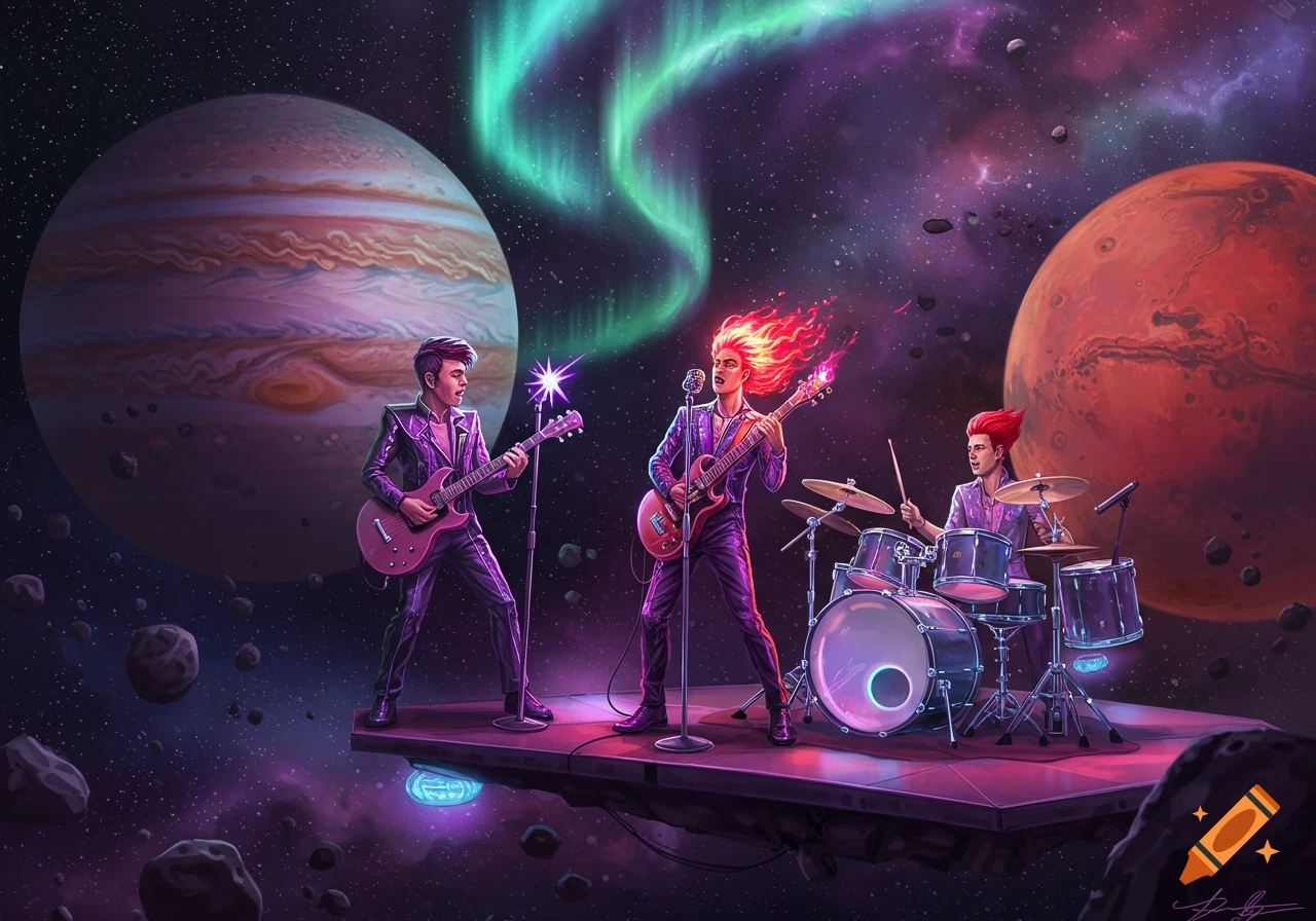 A vibrant, stylized sci-fi illustration of a rock band playing on a floating stage in space with planets, asteroids, and an aurora in the background.