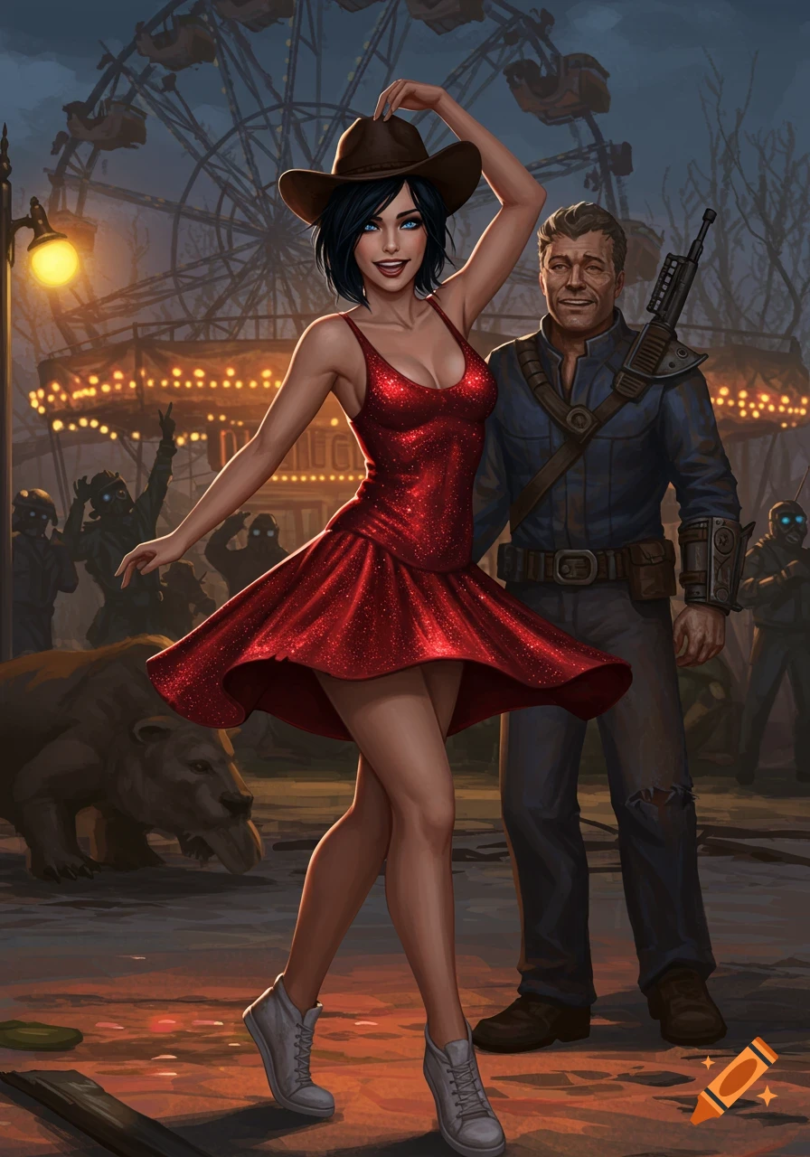 A stylized illustration of a woman in a red sparkly dress and cowboy hat dancing at a ruined amusement park with a man and raiders.