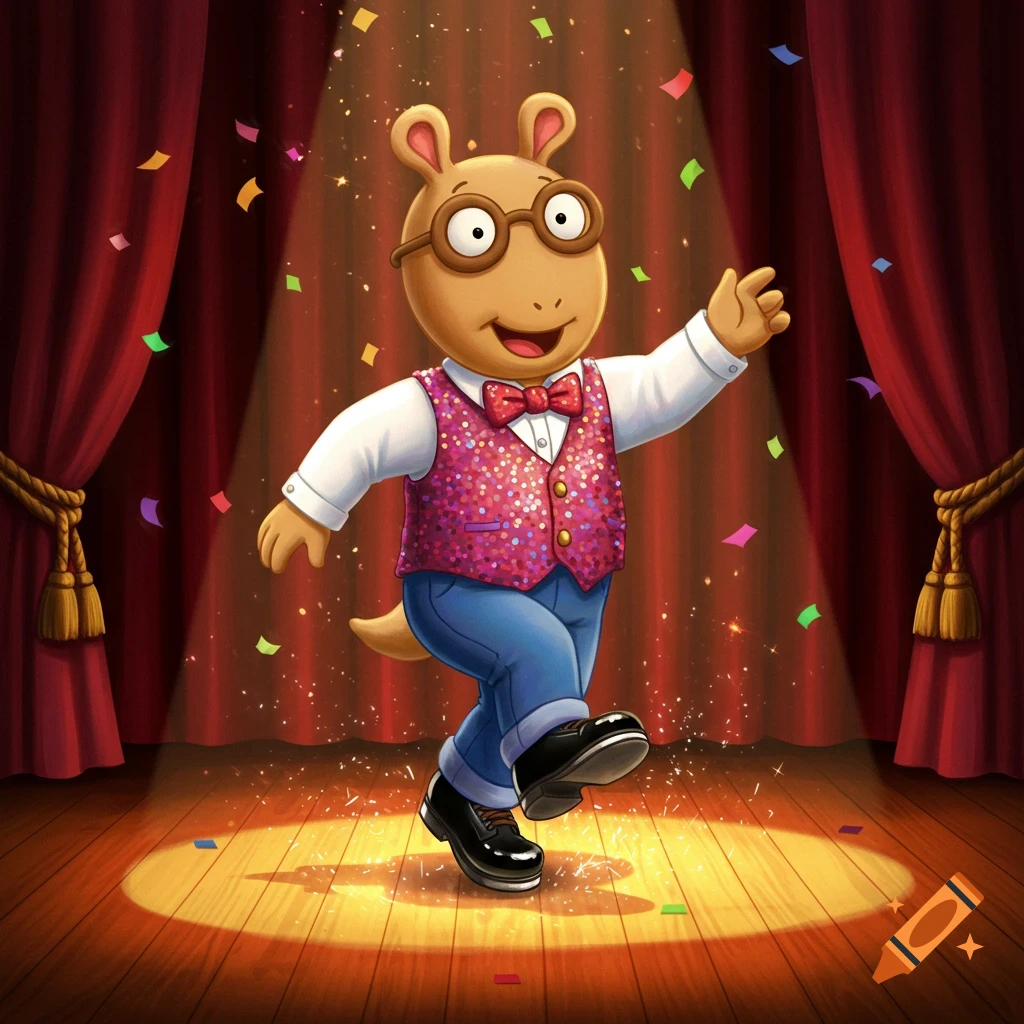 Cartoon Arthur from PBS Kids tap dances on a spotlighted stage with red curtains and falling confetti.
