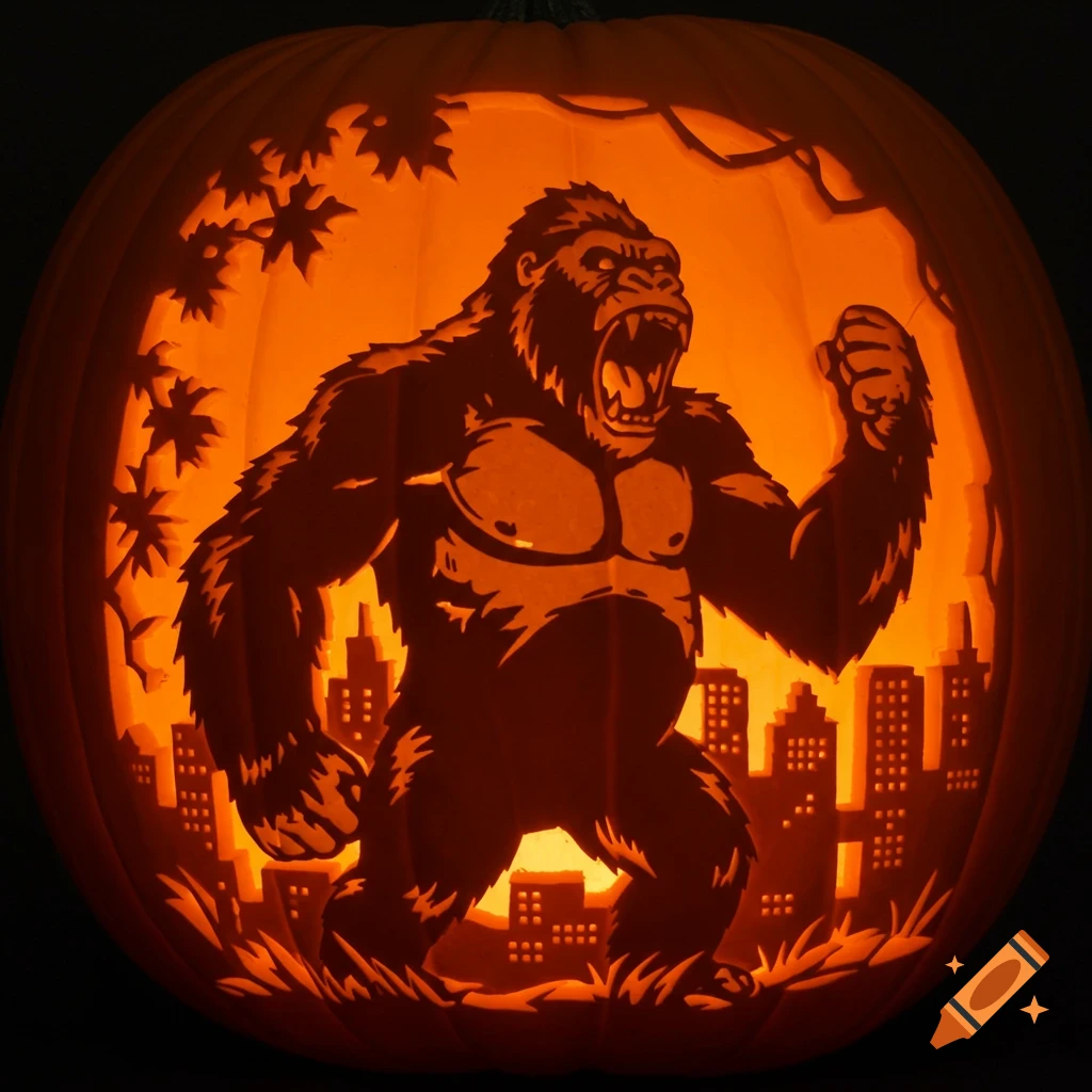 A carved Halloween pumpkin glows from within, depicting a roaring King Kong in front of a city skyline and jungle foliage.