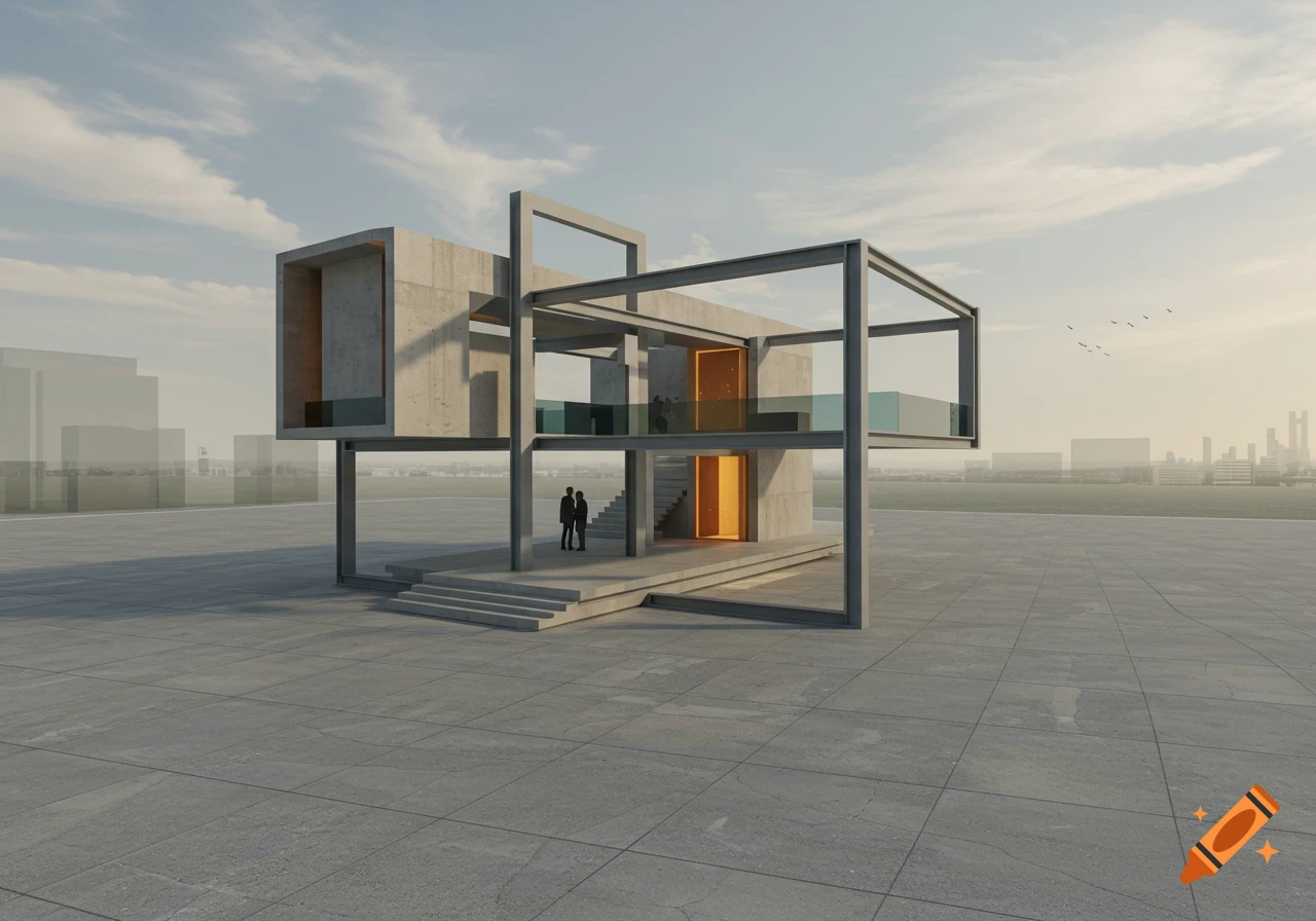Minimalist concrete and steel architectural concept with orange accents on a large plaza, under a cloudy sky.
