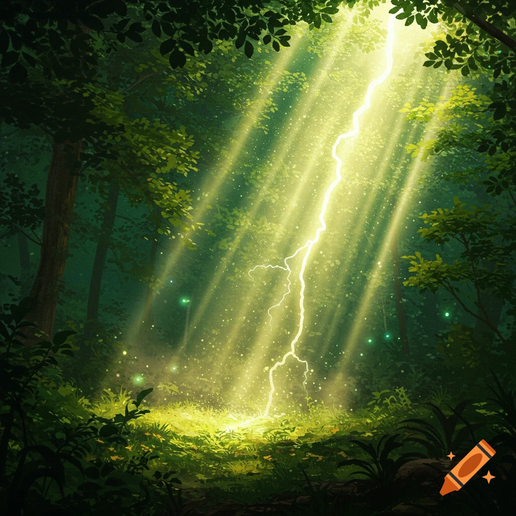Ethereal light rays and a glowing lightning bolt illuminate a dark, lush forest scene.