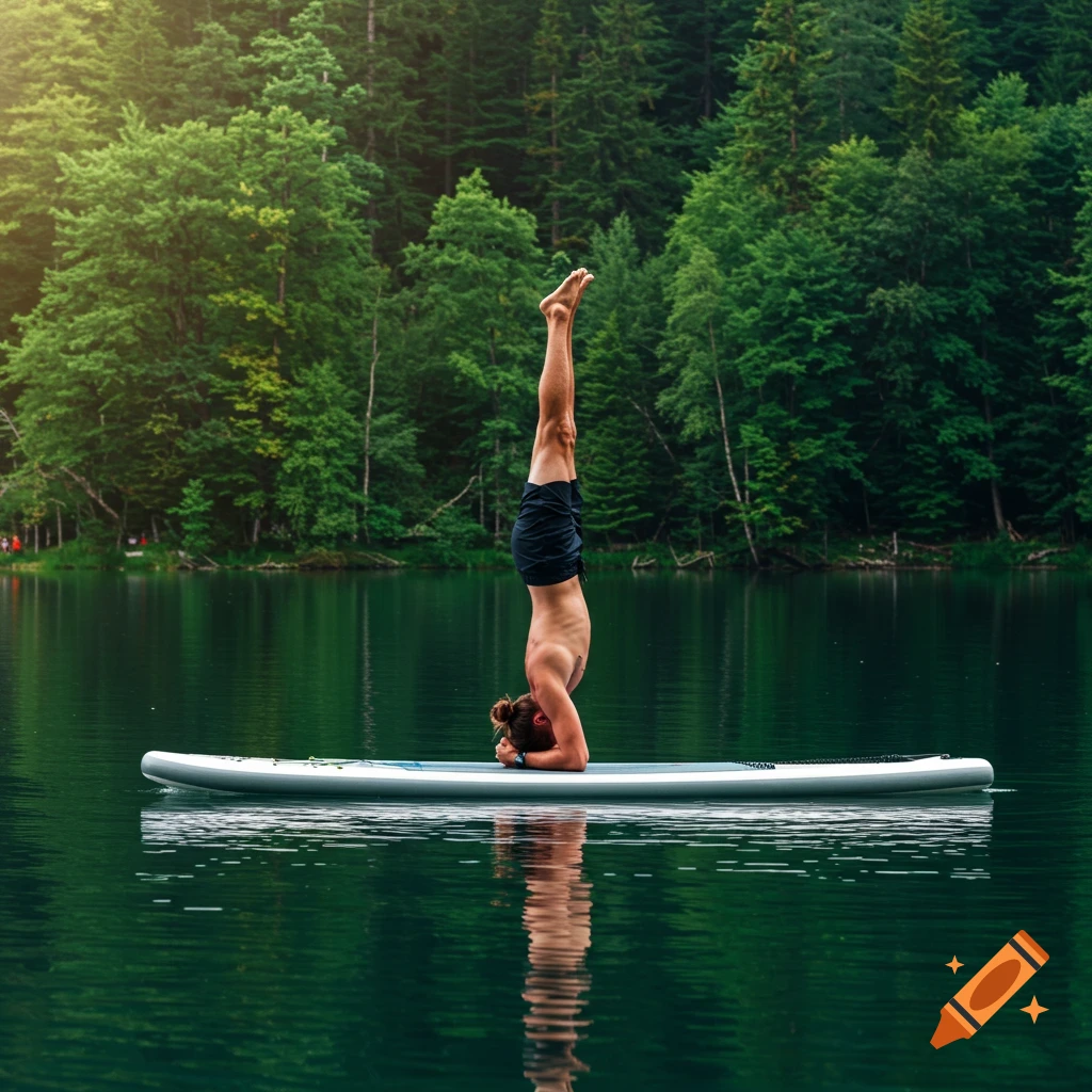 A man performs a headstand on a paddleboard on a serene lake surrounded by a lush green forest, photorealistic.