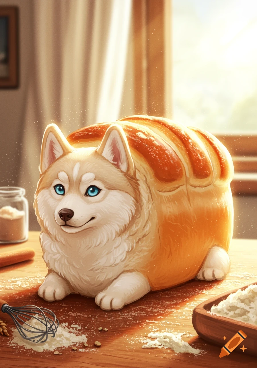 Cartoon husky dog with blue eyes, shaped like a loaf of bread, on a flour-dusted wooden table with a whisk.