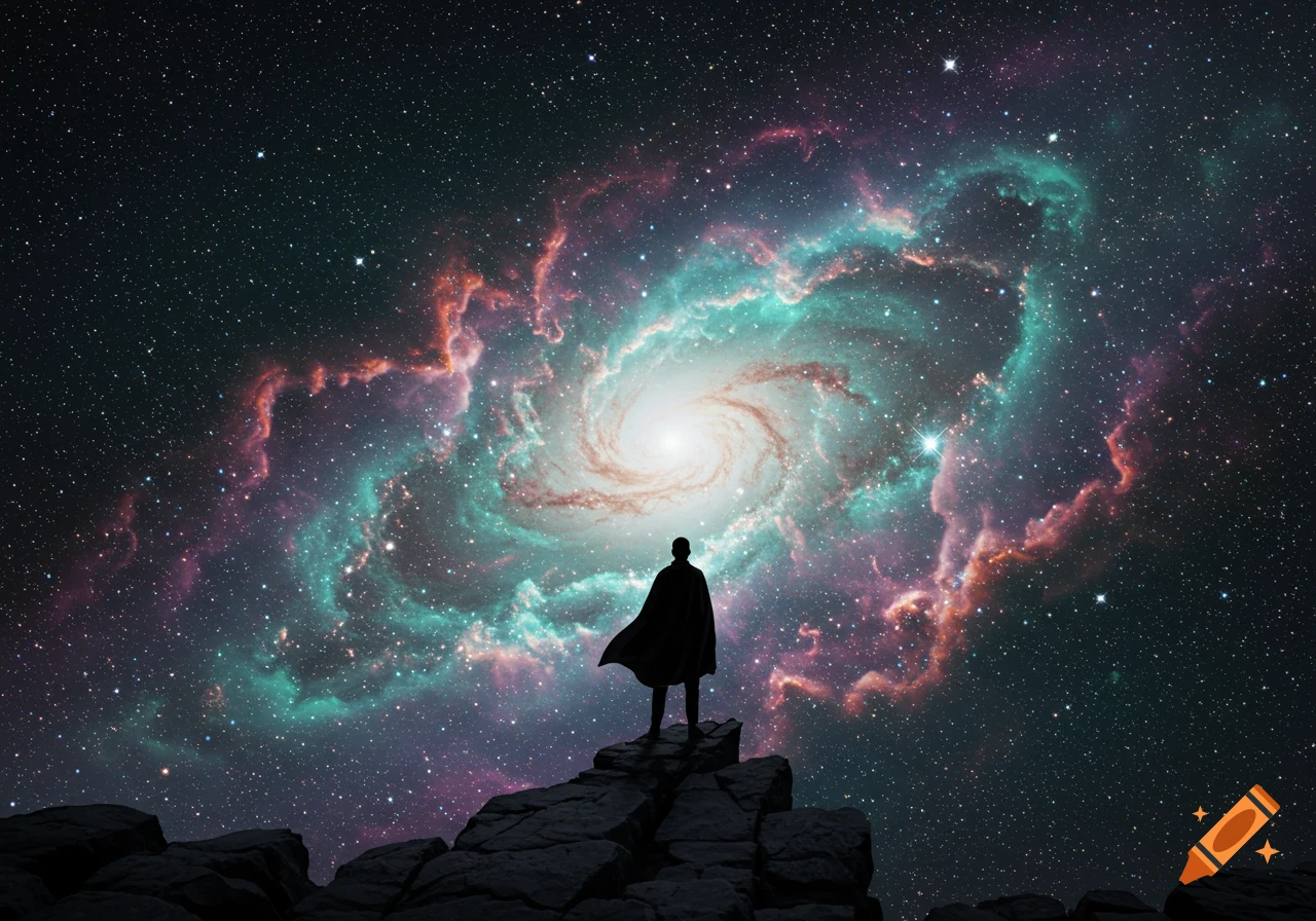 Silhouette of a man in a cape standing on a cliff, gazing at a vivid, swirling galaxy in space.