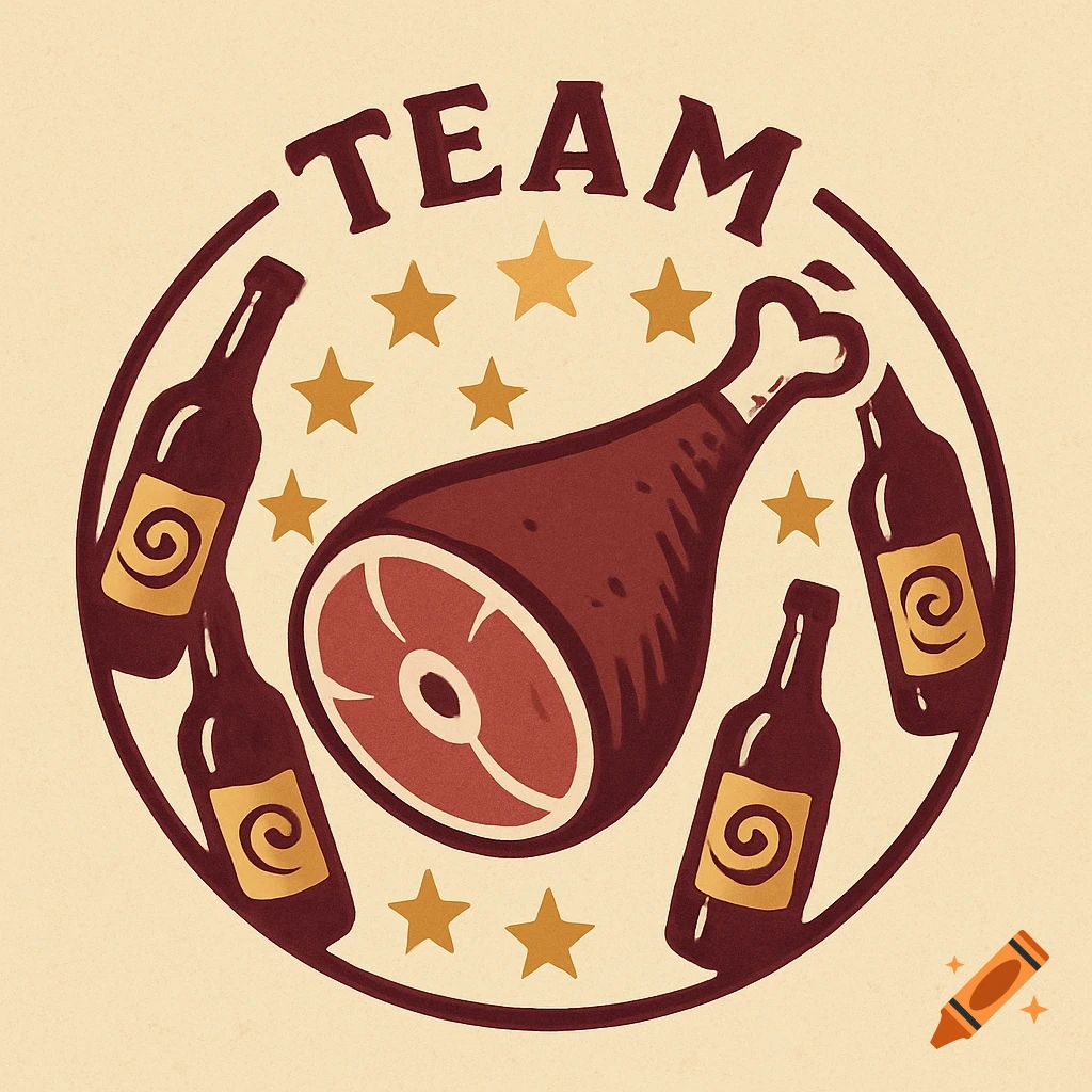 Retro emblem with 'TEAM' text, featuring a ham, four wine bottles, and seven stars within a circular border.